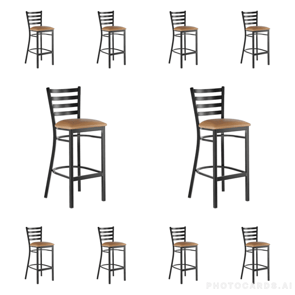 (10 PACK) Black Ladder Back Metal Restaurant Barstool with Light Brown Vinyl Padded Seat - Commercial Quality Metal Restaurant Barstool