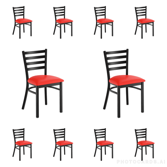 (10 PACK) Black Ladder Back Metal Restaurant Chair with Red Vinyl Padded Seat - Commercial Quality Metal Restaurant Chair
