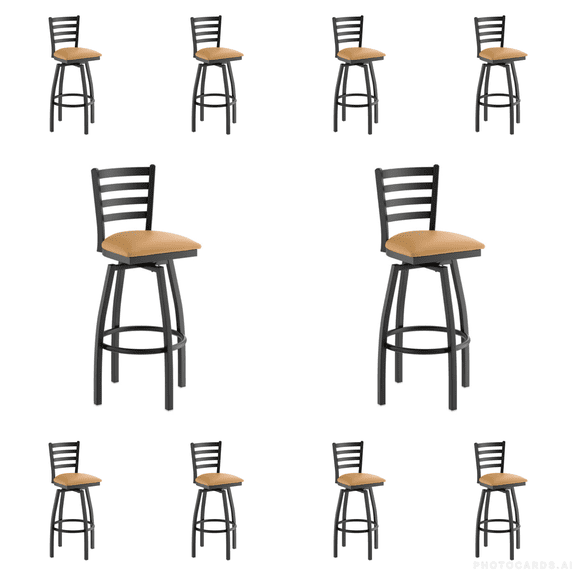 (10 PACK) Black Ladder Back Swivel Metal Restaurant Barstool with Light Brown Vinyl Padded Seat - Commercial Quality Metal Restaurant Barstool