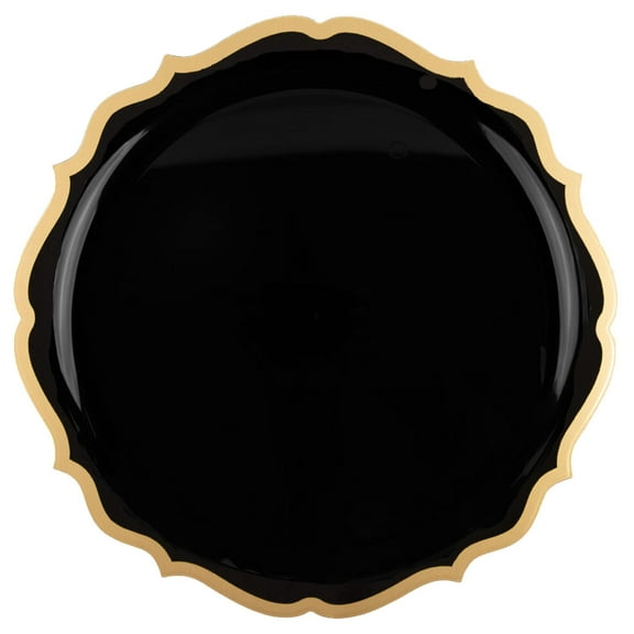 (10 PACK) EcoQuality 10.5" inch Round Black Plastic Plates with Gold Rim Modern Design - Heavy Duty Large Disposable Charger Dinner Plate Weddings, Tableware, China Like Party Plates