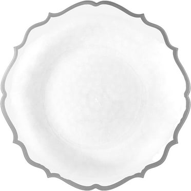 (10 PACK) EcoQuality 10.5" inch Round White Plastic Plates with Silver Rim Modern Design - Heavy Duty Large Disposable Charger Dinner Plate Weddings, Tableware, China Like Party Plates