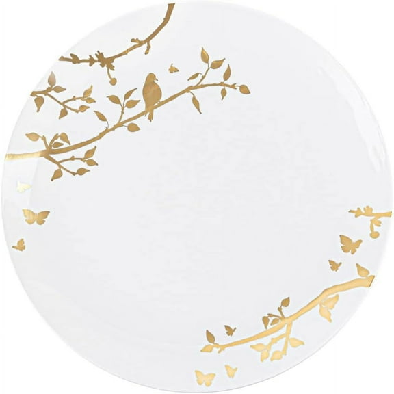 (10 PACK) EcoQuality 10" inch Round White Plastic Plates with Gold Floral Design - Spring Flower Heavy Duty Large Disposable Charger Dinner Plate Weddings, Tableware, China Like Party Plates
