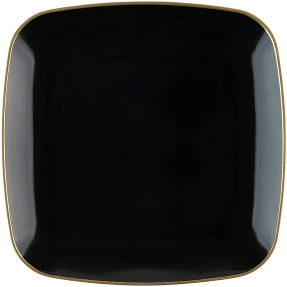 (10 PACK) EcoQuality 6" inch Disposable Square Black Plastic Plates with Gold Rim, China Like Party Plates, Heavy Duty Dessert Plate, Salads, Weddings, Baby Showers, Catering, Non Toxic