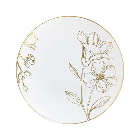 (10 PACK) EcoQuality 6" inch Round White Plastic Plates with Gold Floral Antique Design - Disposable China Like Party Plates, Heavy Duty Dessert Plates, Salad Plate, Dinners, Wedding, Serveware