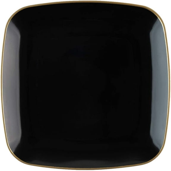 (10 PACK) EcoQuality 7.25" inch Disposable Square Black Plastic Plates with Gold Rim, China Like Party Plates, Heavy Duty Dessert Plate, Salads, Weddings, Baby Showers, Catering, Non Toxic