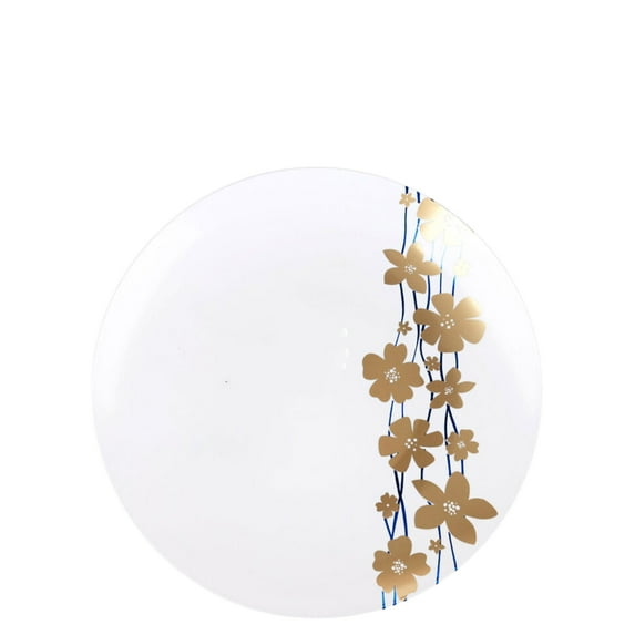 (10 PACK) EcoQuality 7.5" inch Round White Plastic Plates with Blue and Gold Vine Design - Disposable China Like Party Plates, Heavy Duty Salad Plates, Dinner Plate, Dessert, Wedding, Serveware