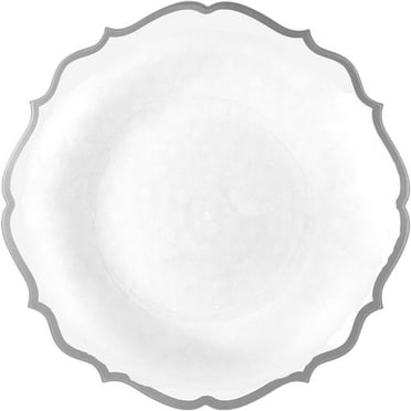 (10 PACK) EcoQuality 7.5" inch Round White Plastic Plates with Silver Rim Modern Design - Heavy Duty Large Disposable Charger Dinner Plate Weddings, Salad Plate, Tableware, China Like Party Plates