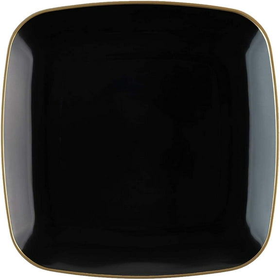 (10 PACK) EcoQuality 8.5" inch Disposable Square Black Plastic Plates with Gold Rim, China Like Party Plates, Heavy Duty Dessert Plate, Salads, Weddings, Baby Showers, Catering, Non Toxic