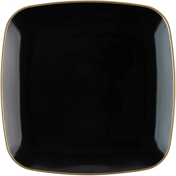 (10 PACK) EcoQuality 8.5" inch Disposable Square Black Plastic Plates with Gold Rim, China Like Party Plates, Heavy Duty Dessert Plate, Salads, Weddings, Baby Showers, Catering, Non Toxic