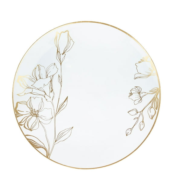 (10 PACK) EcoQuality 9" inch Round White Plastic Plates with Gold Floral Antique Design - Disposable China Like Party Plates, Heavy Duty Salad Plates, Dinner Plate, Dessert, Wedding, Serveware