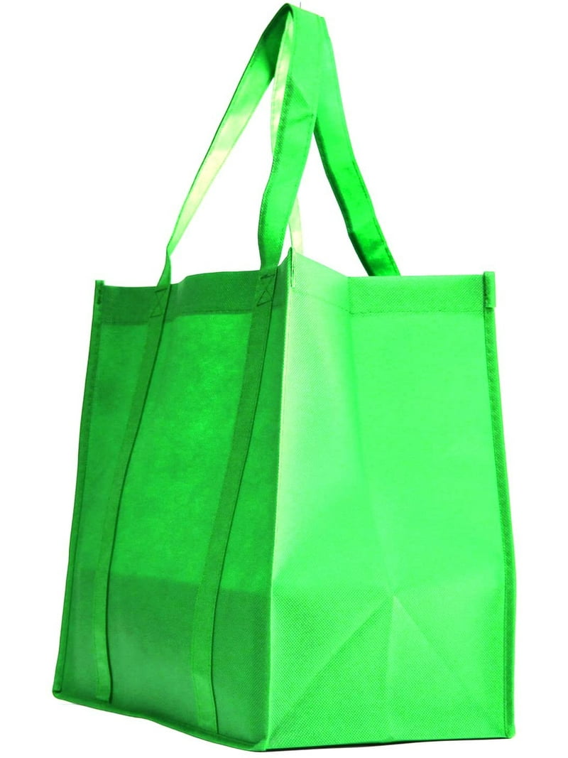 10 PACK Heavy Duty Grocery Tote Bag, Lime Green Large Super
