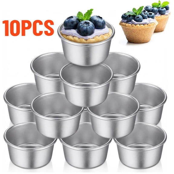 10 PACK Individual Flan Molds Egg Tart Molds Pudding Cups Mini Chocolate Molten Pans Carbon Steel Cupcake Cake Cookie, Round Nonstick Popover Bakeware Tumblers 2.6 x 2 x 1.3 inch