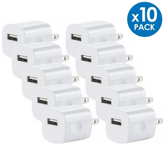 10-PACK USB Wall Charger, 1A/5V 1-Port USB Wall Plug Travel Charging Adapter Compatible with iPhone 6 / 7 / 8 / X / XR / 11 / 12 / 13, Samsung Galaxy S8, S9, S10, S10e, A90, Universal, White