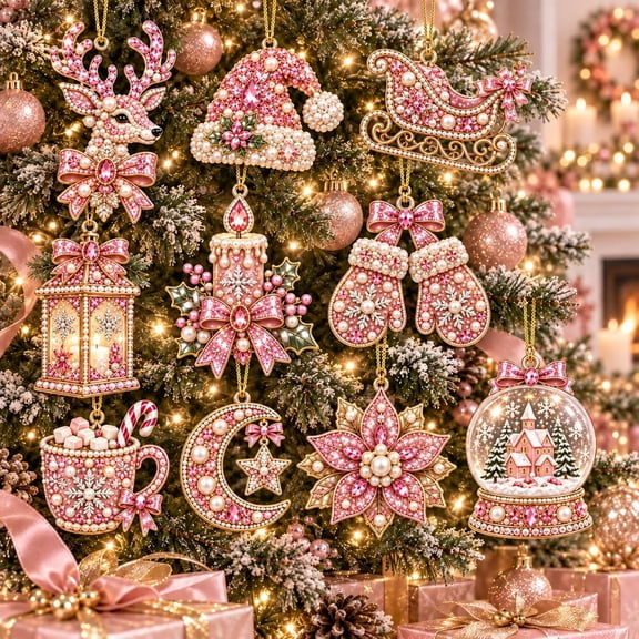 10 PC Christmas Diamond Art Ornaments, DIY Pearl Rhinestone Hanging Decor, Xmas Tree Shaped Gems Craft Set 2D Acrylic Home Decorations Gifts for Party Favors & Stocking Stuffers, Style T