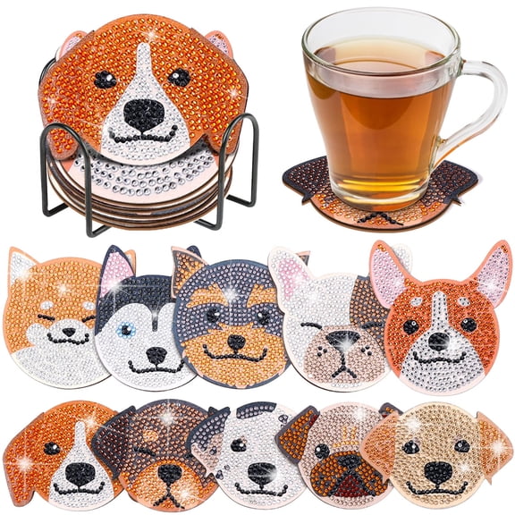10 PC Dog Diamond Painting Coasters Kits with Double Tools, DIY Diamond Art Kits for Adults Beginners, Dog Diamond Art Coasters Non-Slip & Heat Insulation, Perfect Holiday Gift