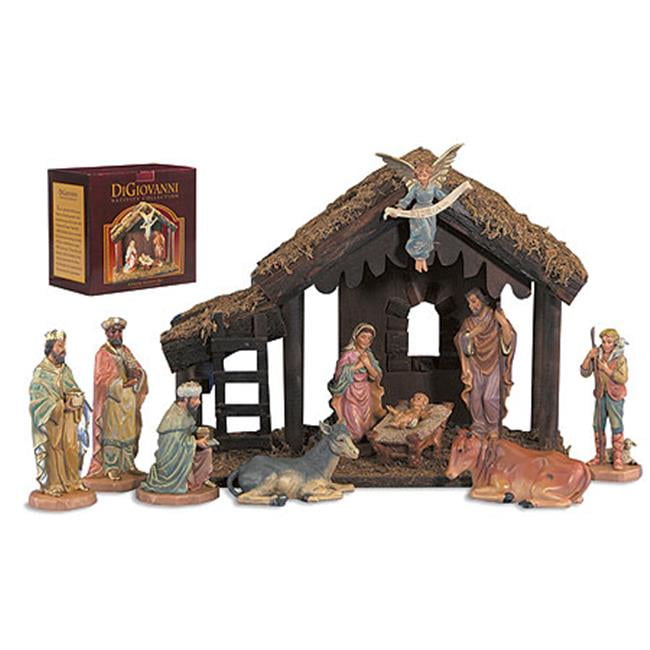 Hand-Painted 10-Piece Nativity Set with Wooden Stable