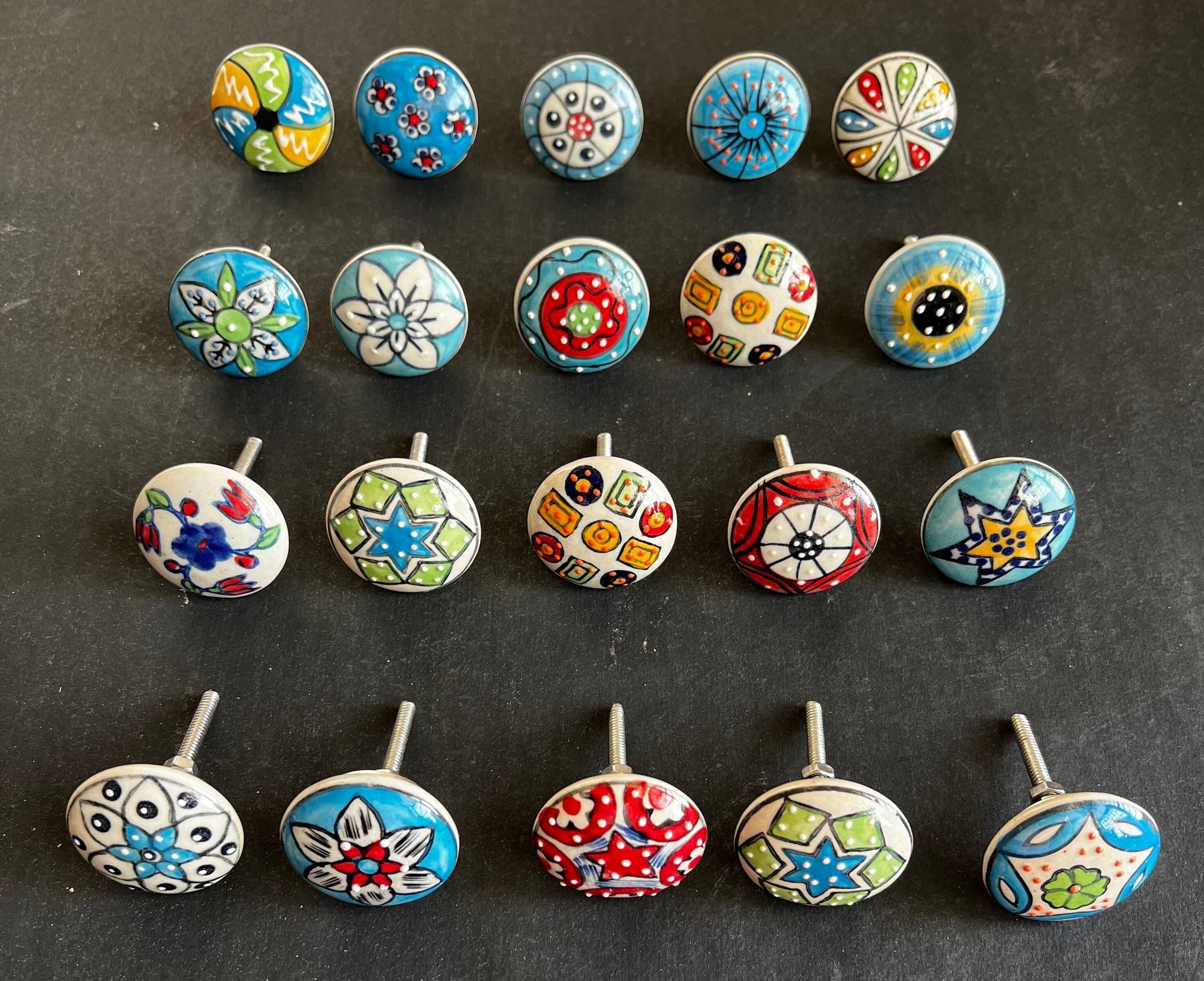 10 PC SET of Cabinet Ceramic Knobs | white and black Colourful Designs| Drawer Dresser Wardrobe Door kitchen knobs| Nuts & Bolts Included