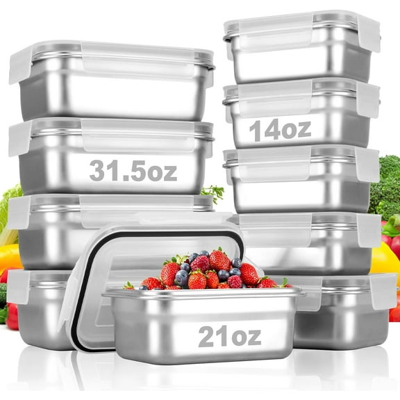 10 PC Square 304 Stainless Steel Food Containers with Lids, Airtight Bento Lunch Box, Metal Meal Prep Food Containers Reusable Stackable | Nestable Oven/Dishwsher/Freezer Safe
