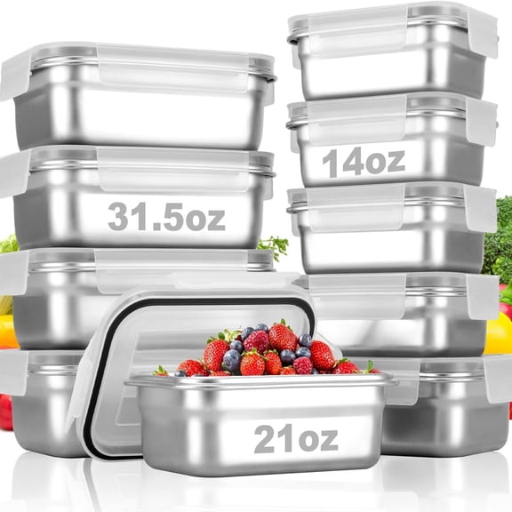 10 Pc Square 304 Stainless Steel Food Containers with Lids, Airtight Meal Prep & Lunch Storage