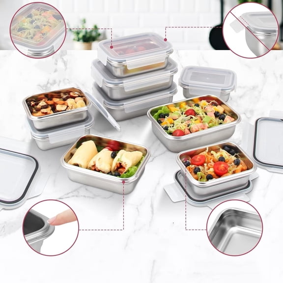 10 PC Square 304 Stainless Steel Food Containers with Lids, Airtight Bento Lunch Box, Metal Meal Prep Food Containers Stackable | Nestable Oven/Dishwsher/Freezer Safe