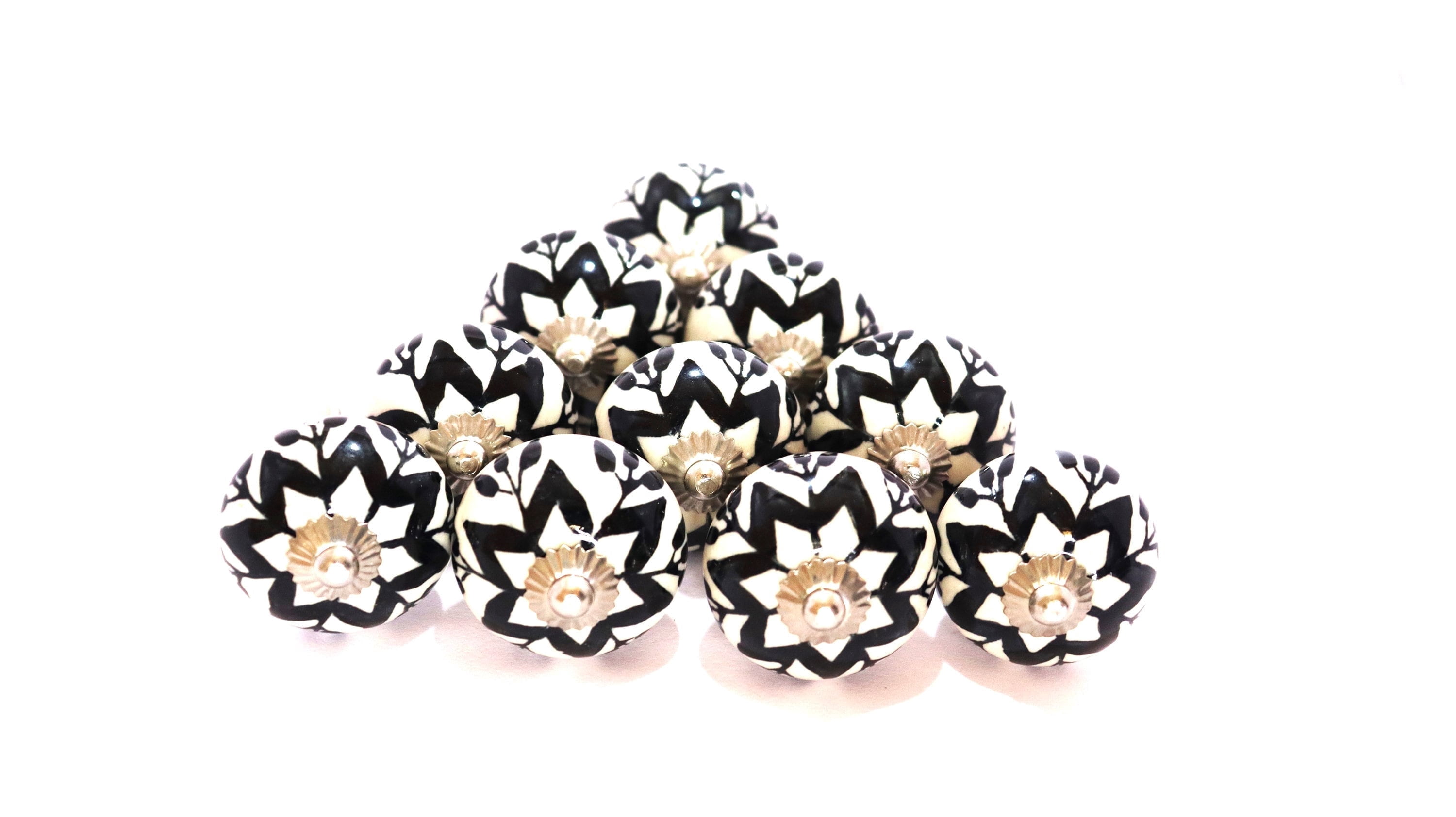 10 PC of Cabinet Ceramic Knobs | Classic Black Designs| Drawer Closet Dresser Wardrobe Furniture Door| Nuts & Bolts Included