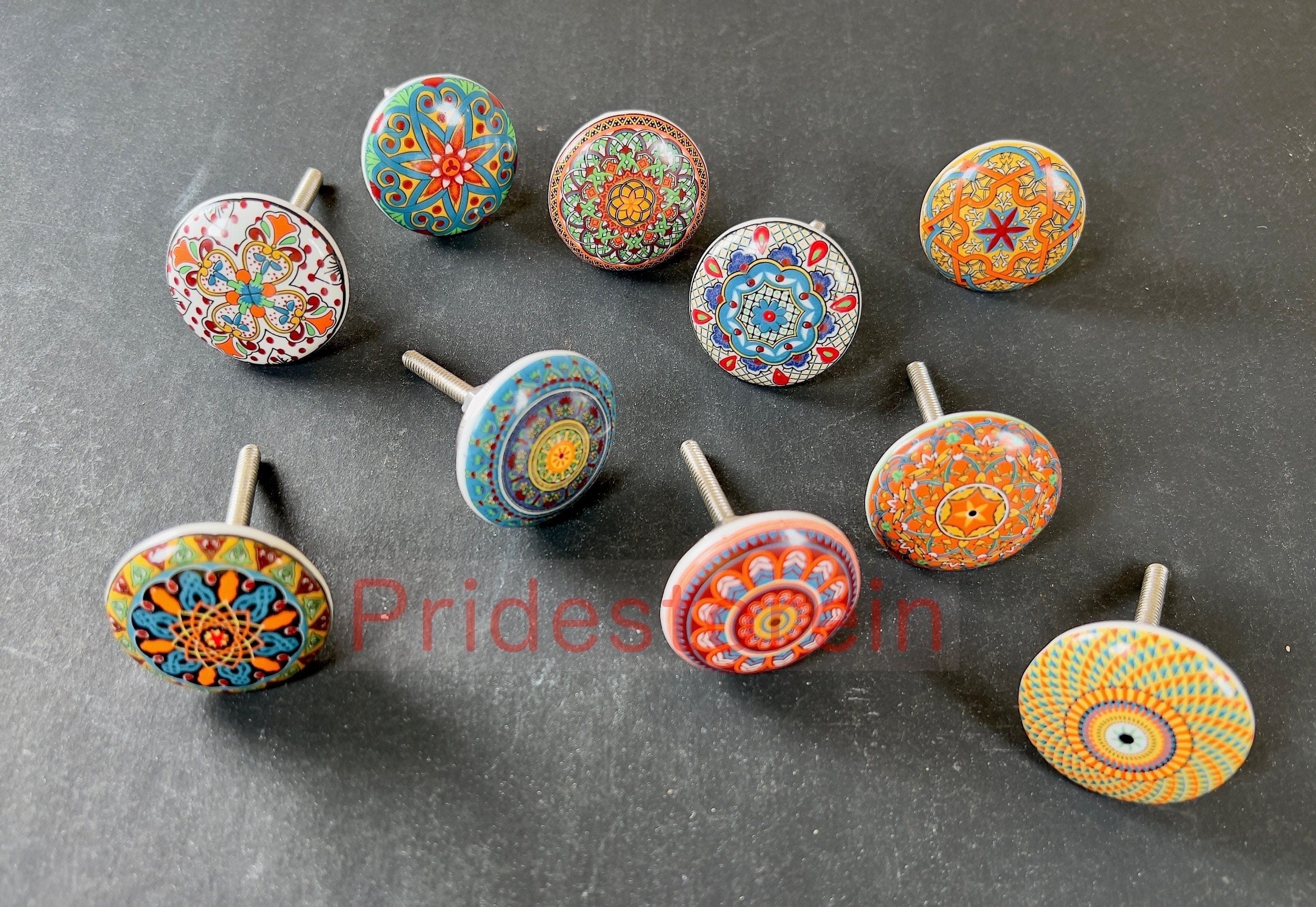 10-Pack Red Mandala Ceramic Cabinet Knobs | Colorful Drawer Pulls for Dresser, Closet, Furniture | Includes Bolts