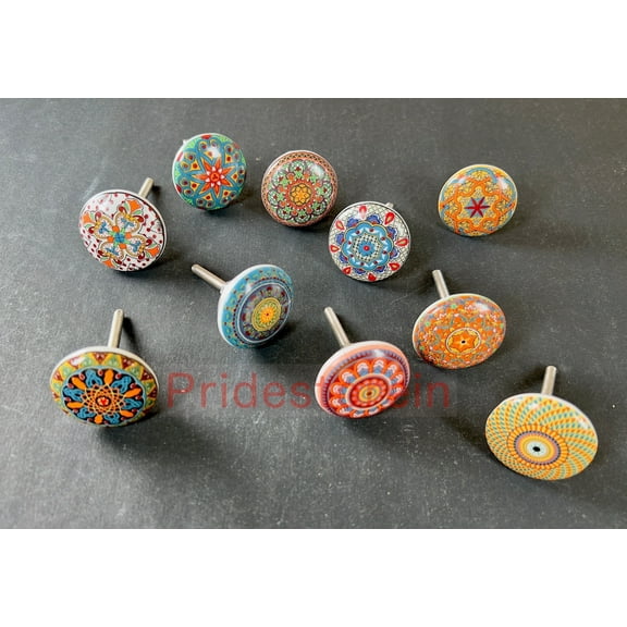 10-Pack Red Mandala Ceramic Cabinet Knobs | Colorful Drawer Pulls for Dresser, Closet, Furniture | Includes Bolts