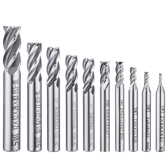 10 PCS 0.08" - 0.47" End Mills, 4-Flute HSS CNC Straight Shank Drill Bit Set Cutter Tool Set for Wood Aluminum Steel Titanium