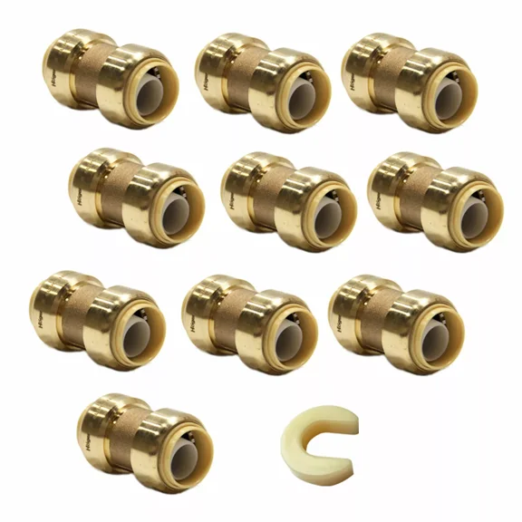 10 PCS 1/2" X 1/2" Brass Push-to-Connect Couplings with Secure Clips, Lead-Free, for Plumbing and DIY Projects