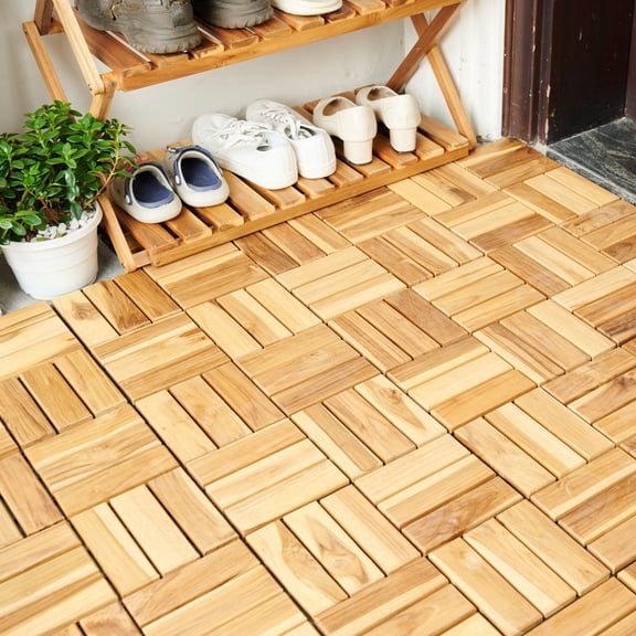 10 PCS 12"x12" Interlocking Deck Tiles Acacia Hardwood Checker Pattern, Waterproof Outdoor Flooring for Patio/Balcony/Poolside