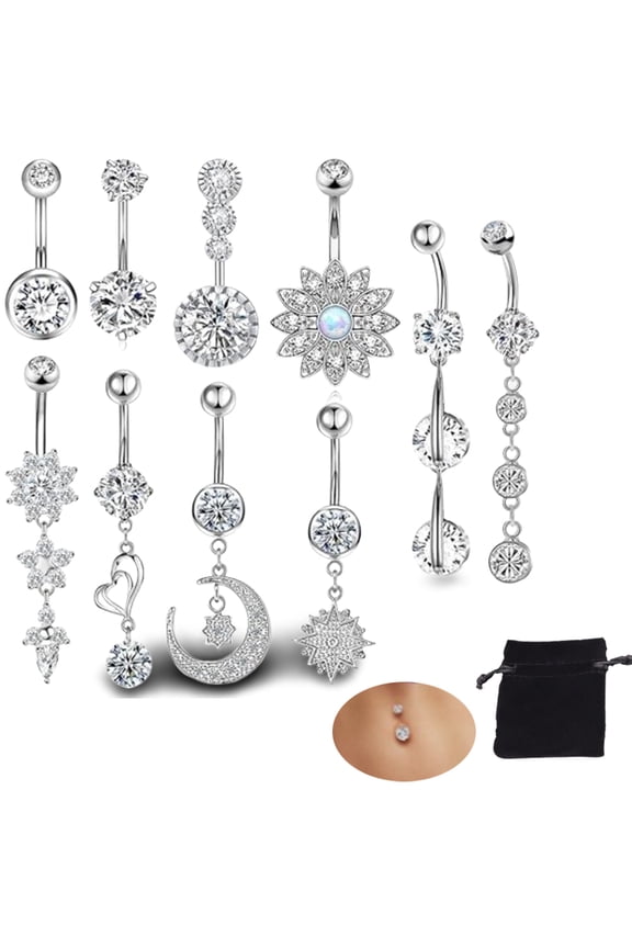 10 PCS 14G Surgical Steel Belly Button Rings, Hypoallergenic Dangle Navel Jewelry with Heart & Floral Designs, Long/Short Bar Piercing Set for Daily Wear & Gift Giving