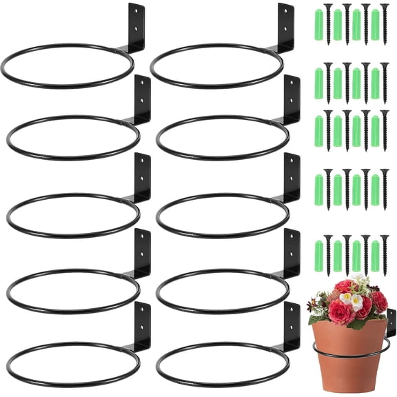10 PCS 5 Inches Flower Pot Holder Ring, Wall Mounted Wall Plant Hanger, Collapsible Metal Wall Planter Holder for Indoor and Outdoor Plant Pots, Black
