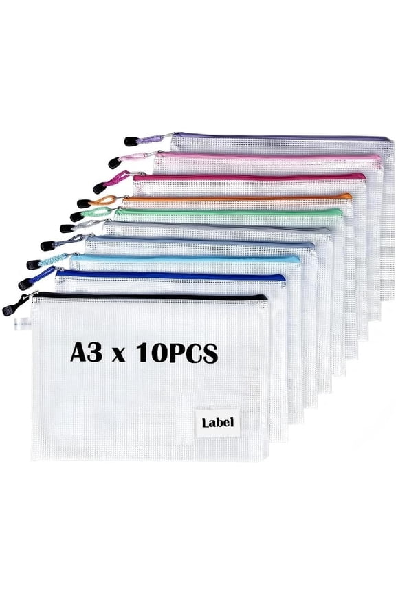 10 PCS A3 Zipper Wallets with Label Pocket – TRANBO Large Zip Pouches, Document Folder Bags for Office, School, Home, Travel – Multicolour