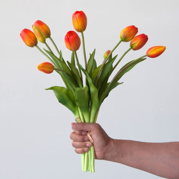 10 PCS Artificial Tulip Flowers Real Touch Tulips Faux Tulips Fake Tulips Bouquet Table Arrangements Gift for Home Office Party Wedding Birthday Garden Store Decoration (Orang)