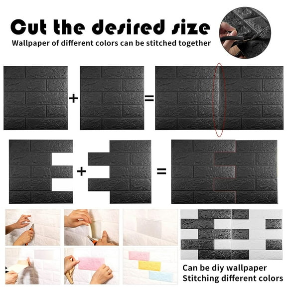 10 PCS Black 3D Sound Proof Foam Panels for Walls, 14 sq.feet Coverage Printable Wallpaper Sticker with Self-Adhesive Waterproof Brick PE Foam Wall Paper Peel and Stick Modern for Interior Room Decor