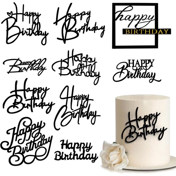 10 PCS Black Happy Birthday Acrylic Cake Toppers Mirrored Side Cake Decorations Inserts 10 Styles