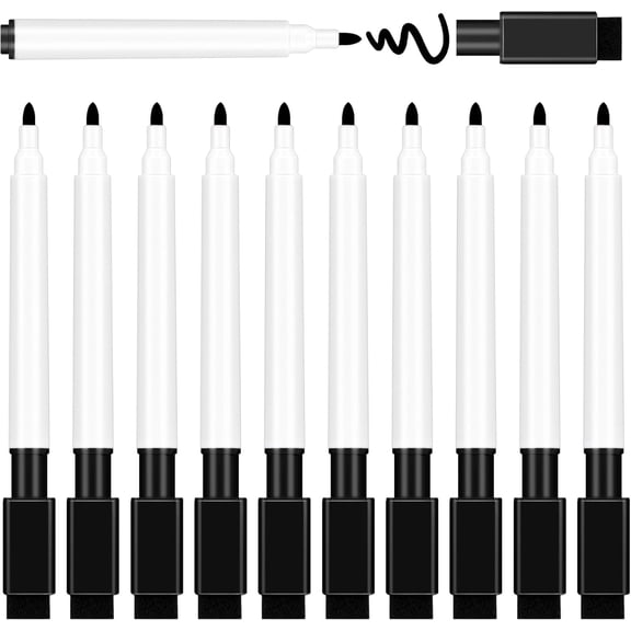 10 PCS Black Whiteboard Marker Pens with Eraser, Dry Wipe Fine Tip Marker Pens for Whiteboard, Thin Bullet Tip Erasable Pens Black, Office Teacher Supplies