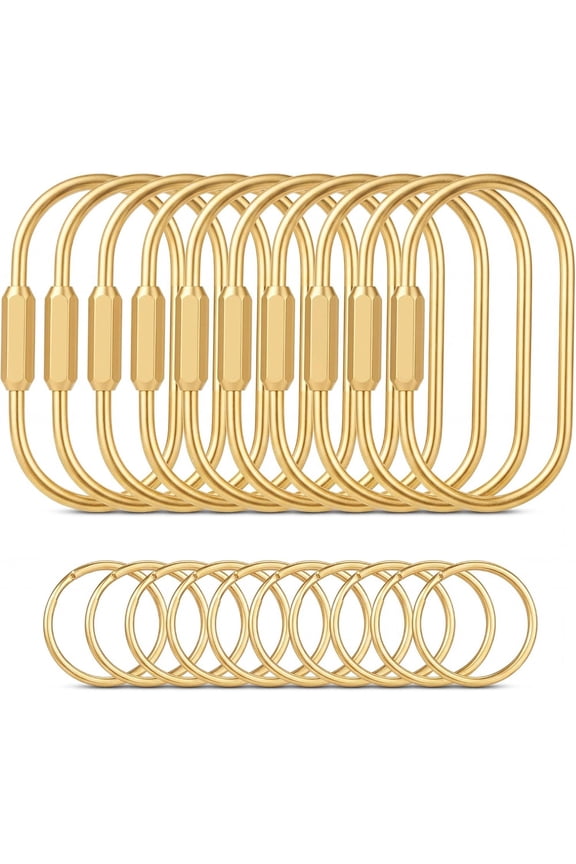 10 PCS Brass Key Rings with 10 Flat Carabiners, Screw Lock Keychains, Hanging Accessories for Handbags, Dolls and Car Keys