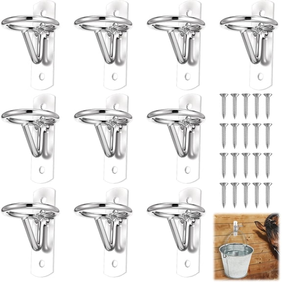 10 PCS Bucket Hook Hangers, Horse Stall Metal Horse Water Bucket Hooks, Heavy Duty Horse Accessories, Wall Mount Bucket Holders for Horse Stall Stable Farmhouse Supplies, Silver