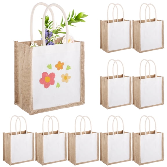10 PCS Burlap Tote Bags with Handles, Reusable Bulk Tote Bags for Women, Large-Capacity Waterproof Beach Totes Bags, Customizable Canvas Design