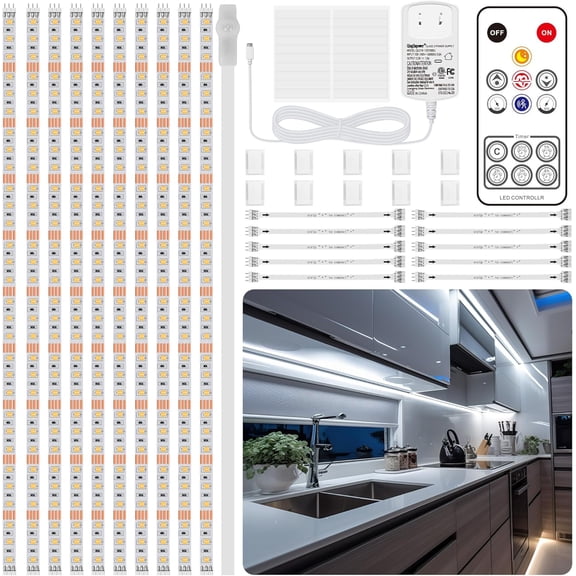 10 PCS Under Cabinet Lights Kit, Motion Sensor LED Strip with Remote, Dimmable and Timer White Counter for Kitchen Cabinets, Cupboards, Closets, Stairs, Shelf, Desk, Bed