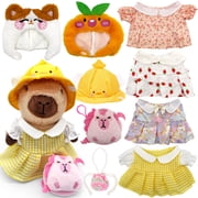 10 PCS Capybara Plush Dress Up Playset, 25cm Stuffed Capybara Toy with 4 Printed Skirt Outfits, Character Hoods, Duck Hat & Small Bag Accessories, Pretend Play Costume Set for Kids