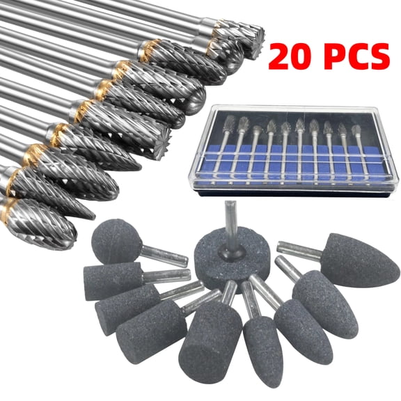 10 PCS Carbide Burr Set with 1/8" Shank For Dremel Rotary Tool & 10 PCS Drill Bit Sharpener Set Grinding Stone with 1/4" Shank