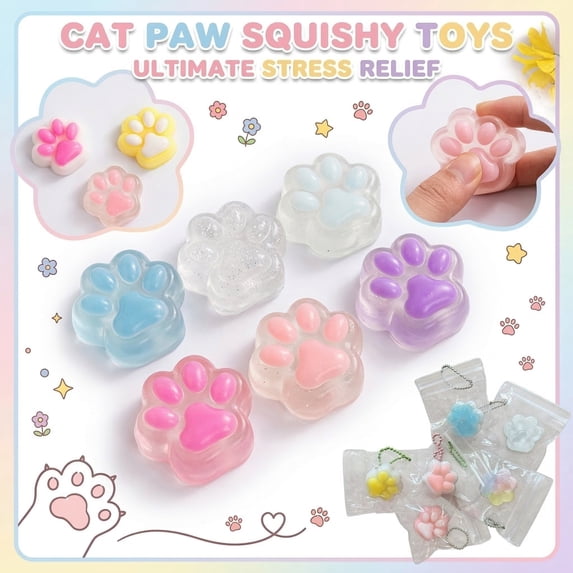 10 PCS Cat Paw Squishy, Cute Kawaii Cat Paw Squeeze Toys, Soft Sensory Mochi Fidget Toys, Stress Relieving Pinch Toys, Party Favors Squishies for Kids Adults