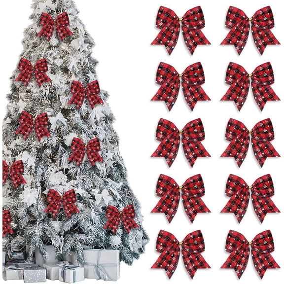 Hsomely 10 Pcs Winter Wreath Decor Bow, Red Black Buffalo Plaid Snowflake Craft Bow for Tree, Basket, Door, Holiday Party Ornament