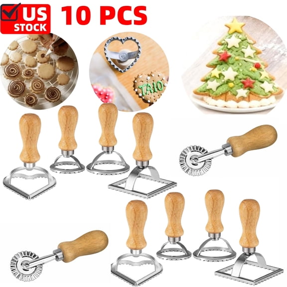 10 PCS Christmas Cookie Cutter Roller   Biscuit Molds with Wooden Handles, Includes Round/Heart/Square Rolling Pastry Cutter for Baking Holiday Cookies & Biscuits