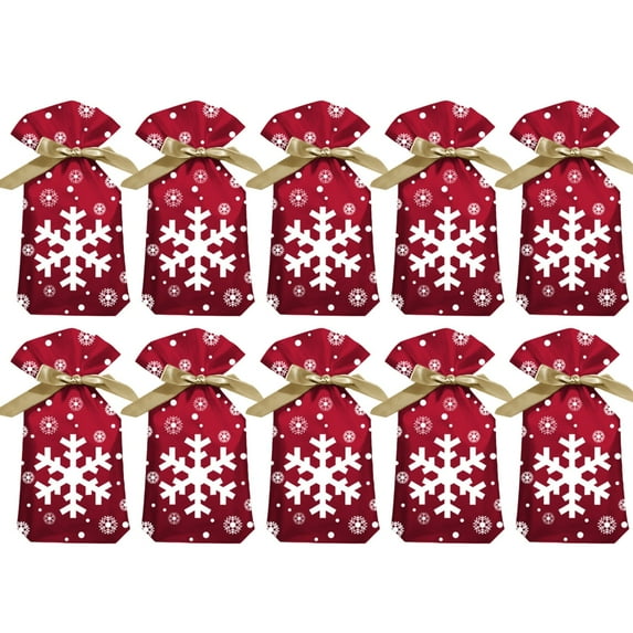 10 PCS Christmas Drawstring Gift Bags, 7x5in Xmas Gift Bags, Made of Food-Grade Aluminized Polymer, Reusable Eco-Friendly Drawstring Sacks for Holiday Wrapping & Party Favors