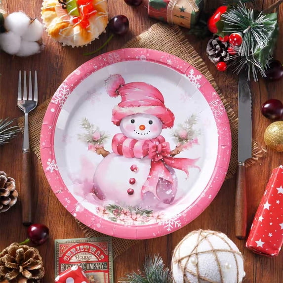 10 PCS Christmas Paper Plates, Disposable Holiday Plates with Pink Snowman Winter Scene Design for Holiday Dinner, Buffet and Xmas Party Table Decor, 9 Inch