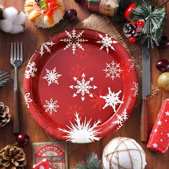 10 PCS Christmas Paper Plates, Disposable Holiday Plates with Red Snowflake Pattern with White Border for Holiday Dinner, Buffet and Xmas Party Table Decor, 9 Inch