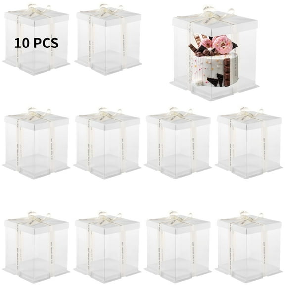 10 Pcs Clear Cake Boxes 7x7x8 Inches with Ribbon - PET Tall Cake Packaging with Lid, Elegant Dessert Display & Gift Box